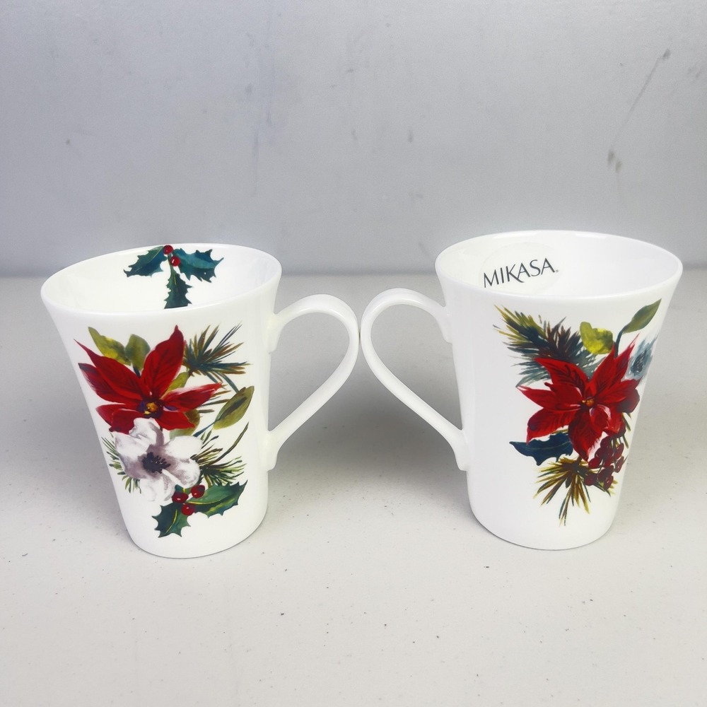 Mikasa Hope Joy Coffee Mugs Set Of 2 13oz White Christmas Floral Bone China